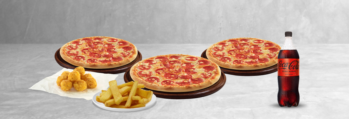 3 Orta Boy Pizza + Tavuk + Patates + Coca-Cola Pet 1 lt Kampanyası